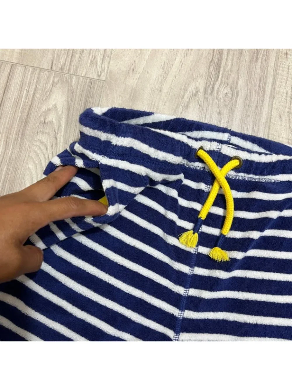 Mini Boden Toweling Shorts Size 10Y Blue White Striped Terry Cloth Yellow Pocket